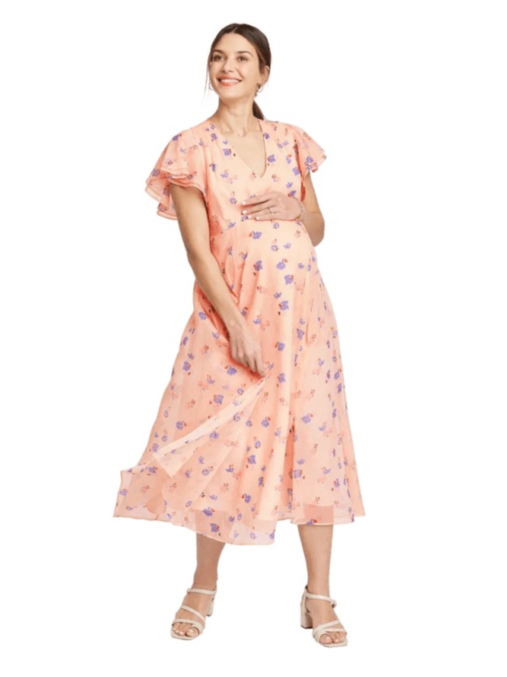 The Nines x Hatch Maternity Peach Floral Flutter Sleeve Midi Dress Bump Friendly